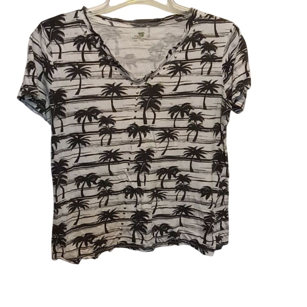 Palm Harbor White and Black Palm Tree Embellished Blouse Women's Size Large
